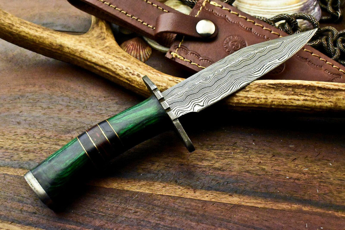 9" Damascus Steel Bowie Knife | Hardwood Handle with Leather Sheath