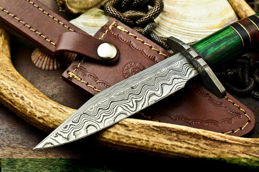 9" Damascus Steel Bowie Knife | Hardwood Handle with Leather Sheath