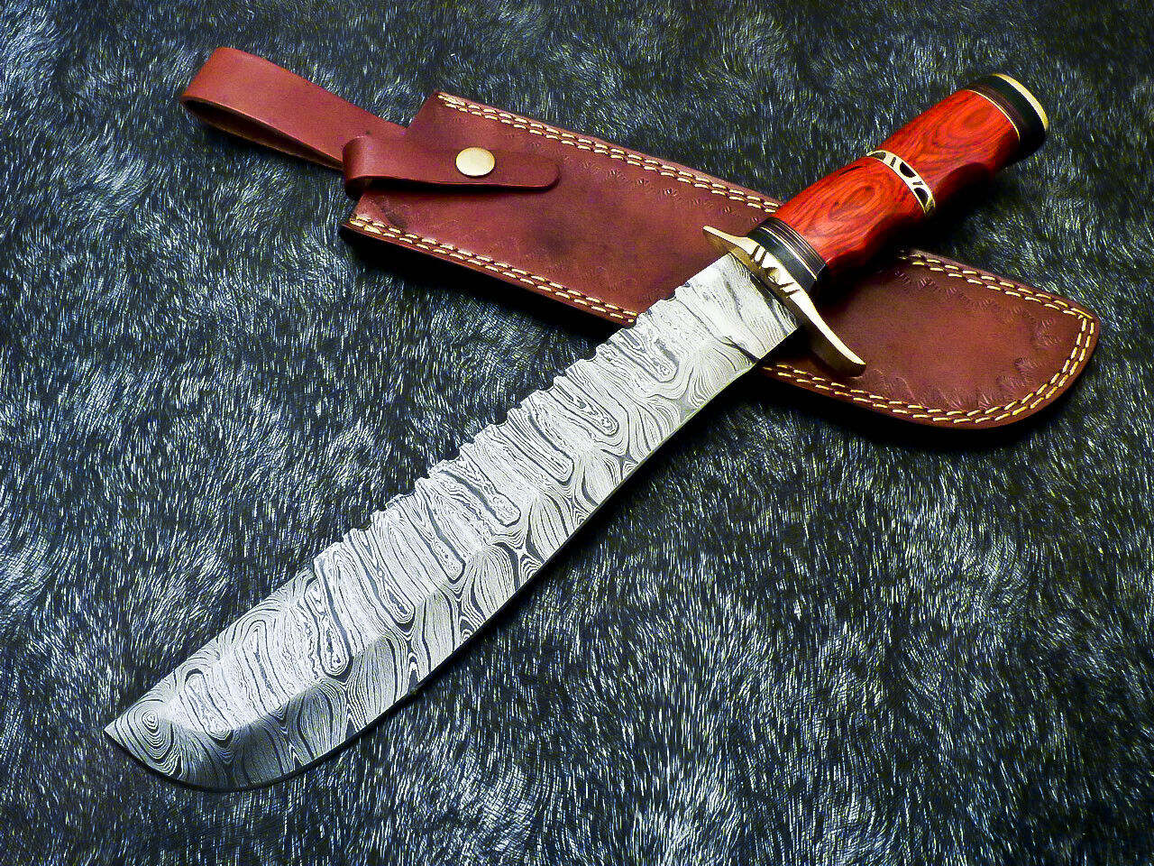 14.5" Hand-Forged Damascus Steel Bowie Hunting Knife – Hardwood Handle