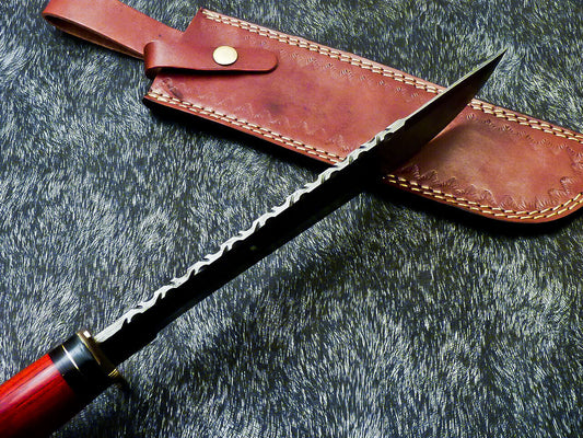 14.5" Hand-Forged Damascus Steel Bowie Hunting Knife – Hardwood Handle