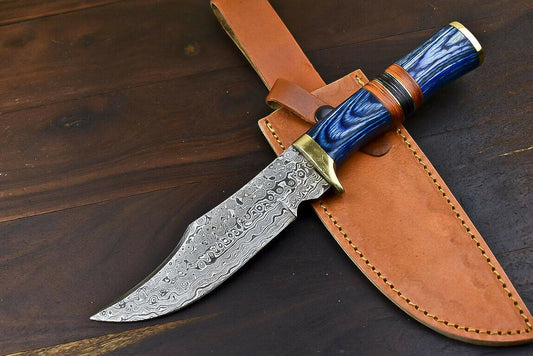 12.5" Damascus Combat Bowie Knife with Hardwood Handle