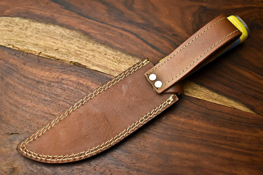 12" Handmade Damascus Bowie Knife – Camel Bone Handle & Leather Sheath