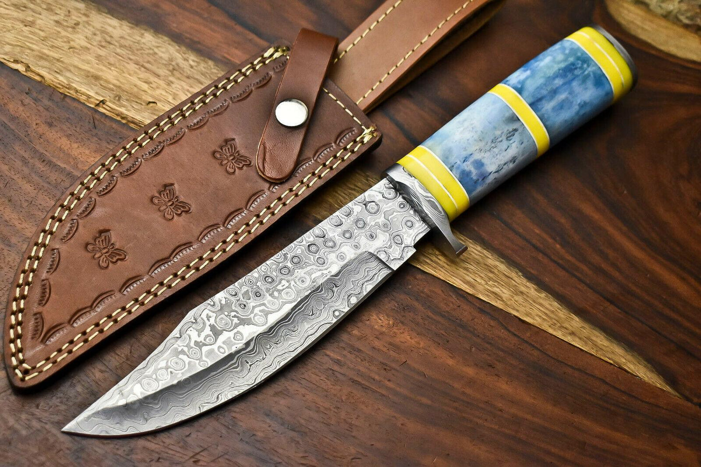12" Handmade Damascus Bowie Knife – Camel Bone Handle & Leather Sheath