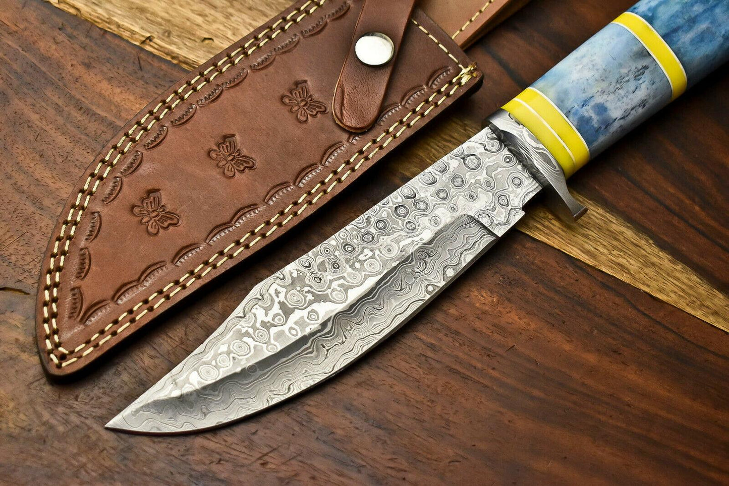 12" Handmade Damascus Bowie Knife – Camel Bone Handle & Leather Sheath