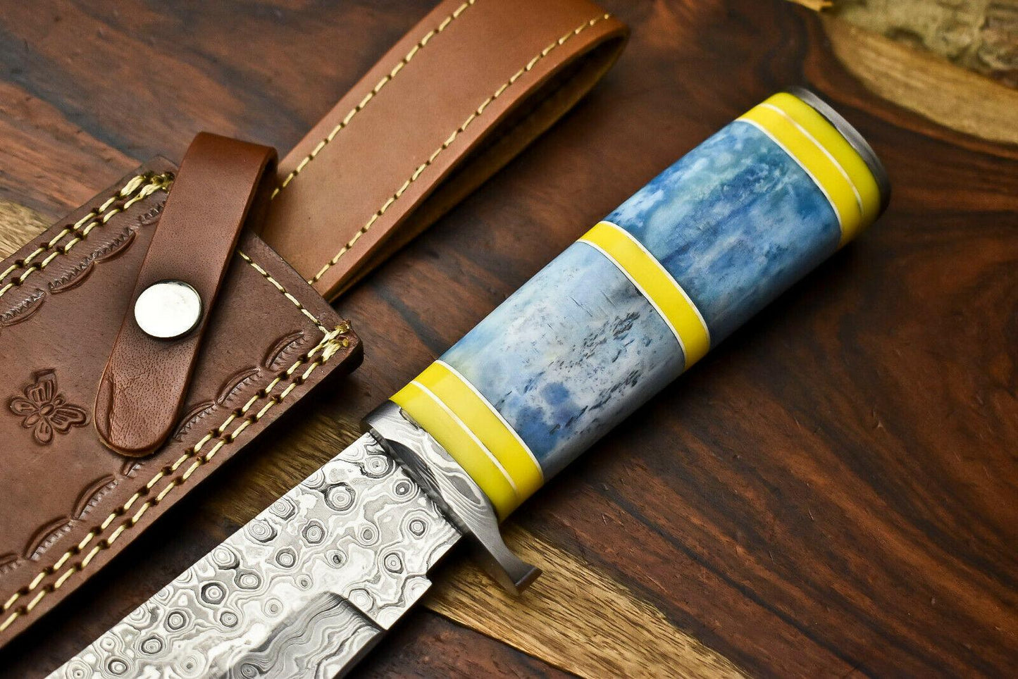 12" Handmade Damascus Bowie Knife – Camel Bone Handle & Leather Sheath