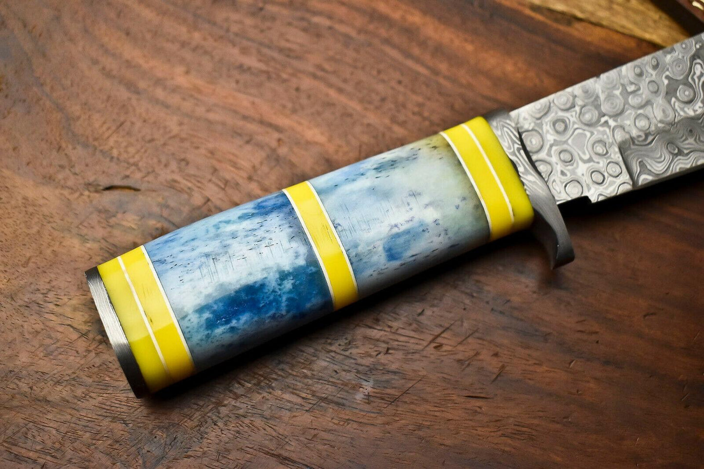 12" Handmade Damascus Bowie Knife – Camel Bone Handle & Leather Sheath