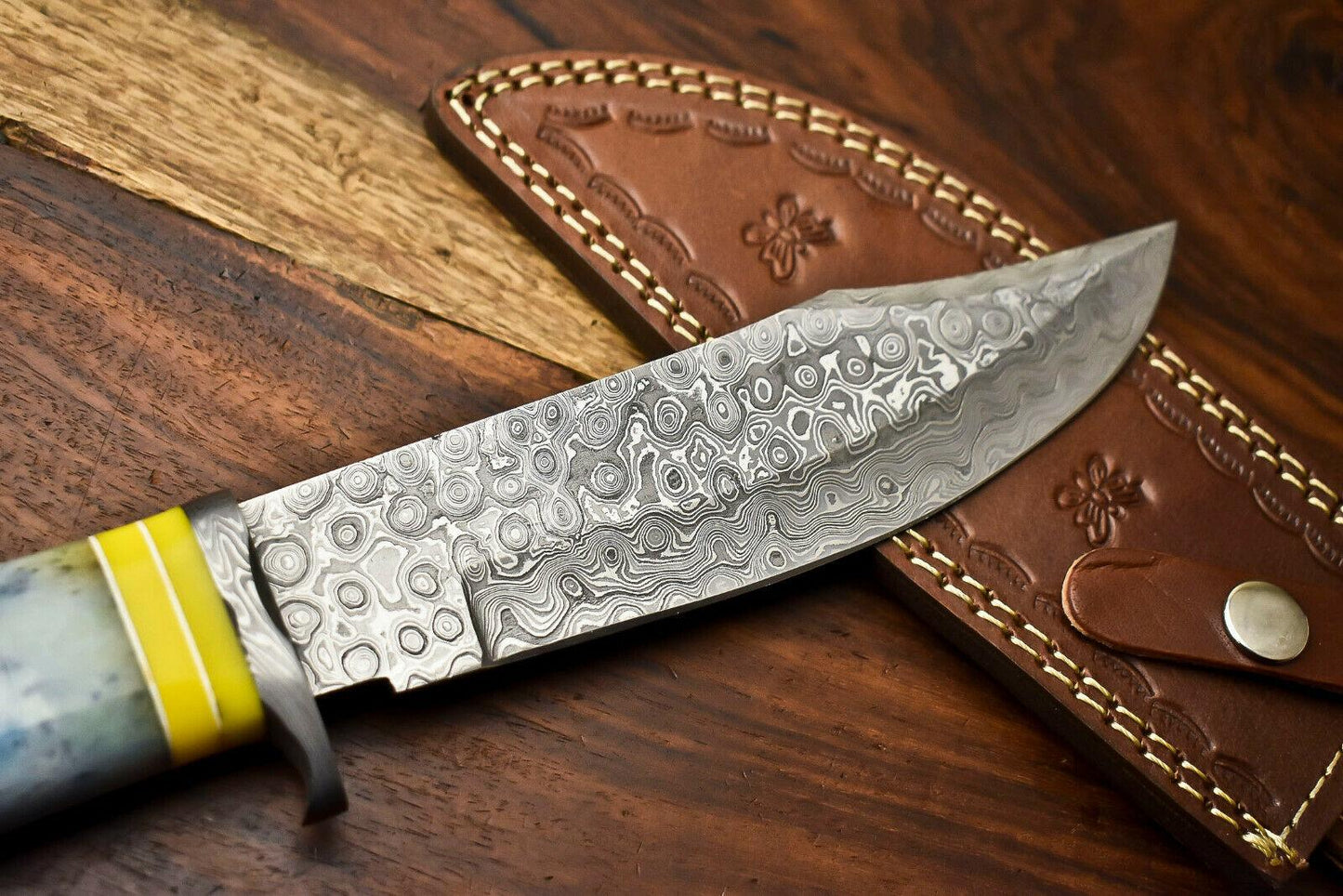 12" Handmade Damascus Bowie Knife – Camel Bone Handle & Leather Sheath