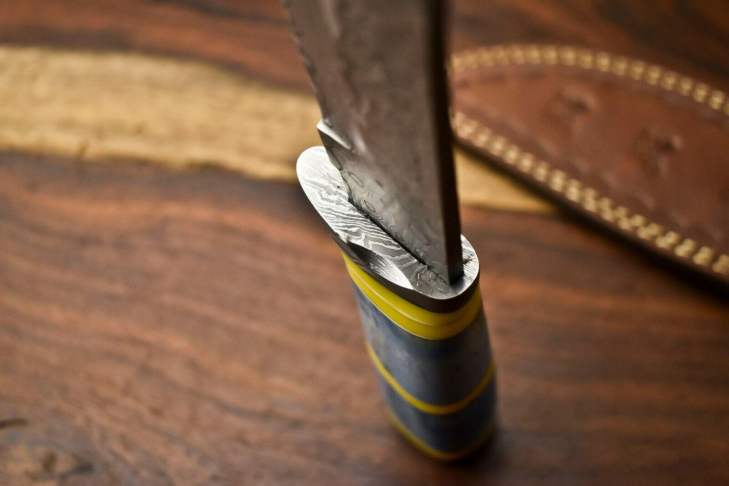 12" Handmade Damascus Bowie Knife – Camel Bone Handle & Leather Sheath