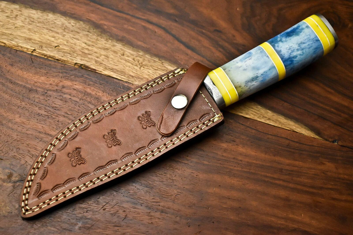 12" Handmade Damascus Bowie Knife – Camel Bone Handle & Leather Sheath