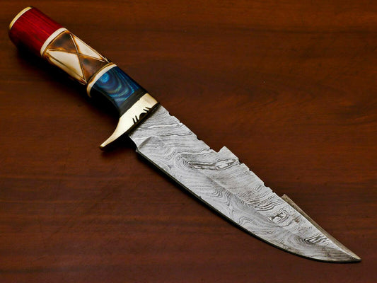 Handmade Damascus Custom Burn Camel Bone & Pakka Wood Bowie Hunting Knife – 12"