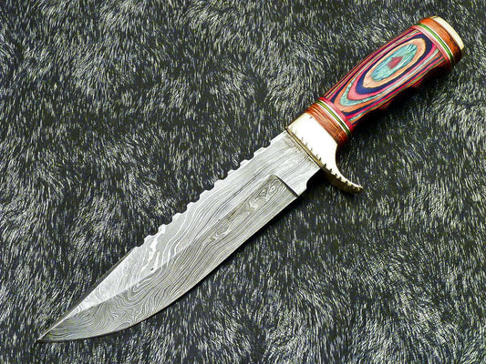 12" Damascus Bowie Knife – Multicolor Hardwood Handle & Leather Sheath