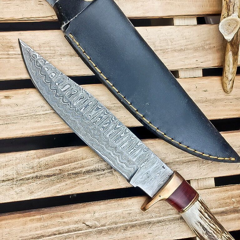 Heritage Forge 9 Inch Damascus Steel Hunting Knife Stag Antler Hardwood Handle with Sheath