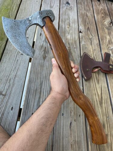 Custom Handmade Damascus Steel Camping Hatchet Tomahawk Axe | Viking Bearded Axe with Natural Wood Handle & Leather Sheath
