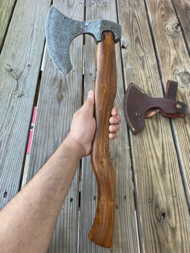 Custom Handmade Damascus Steel Camping Hatchet Tomahawk Axe | Viking Bearded Axe with Natural Wood Handle & Leather Sheath