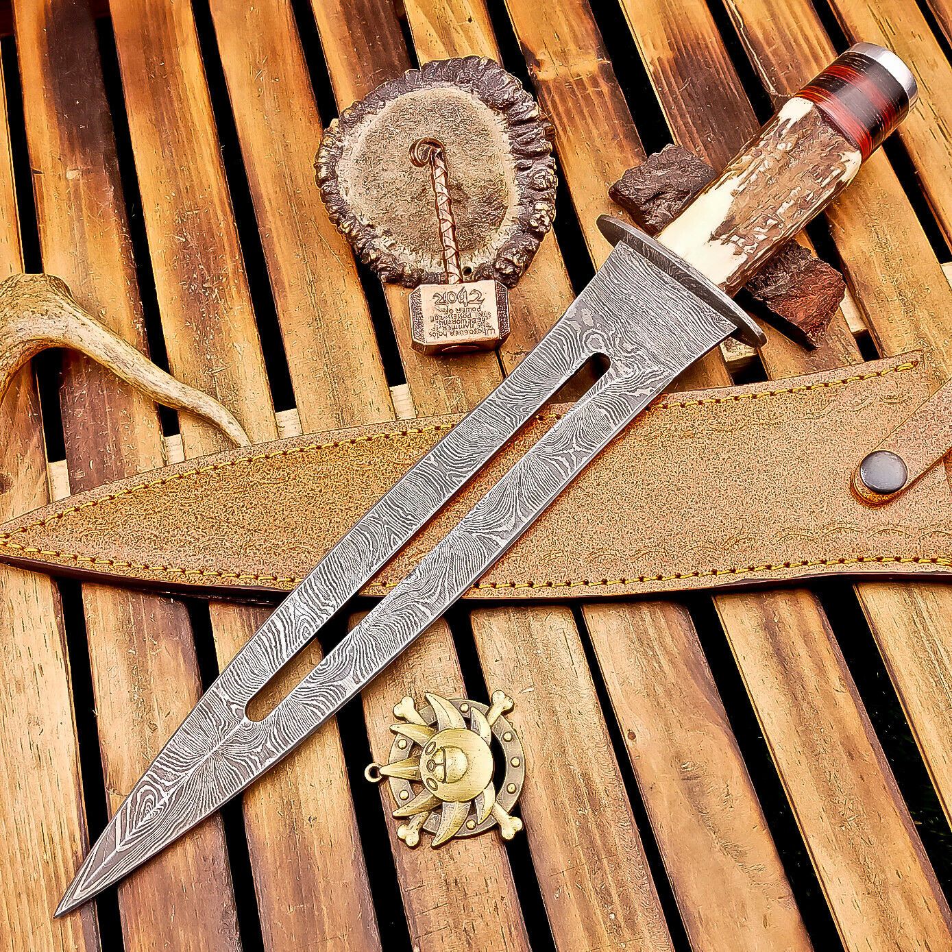 15 Inch Handmade Damascus Dagger Knife with Stag Horn Handle and Leather Sheath