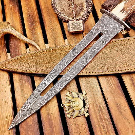15 Inch Handmade Damascus Dagger Knife with Stag Horn Handle and Leather Sheath