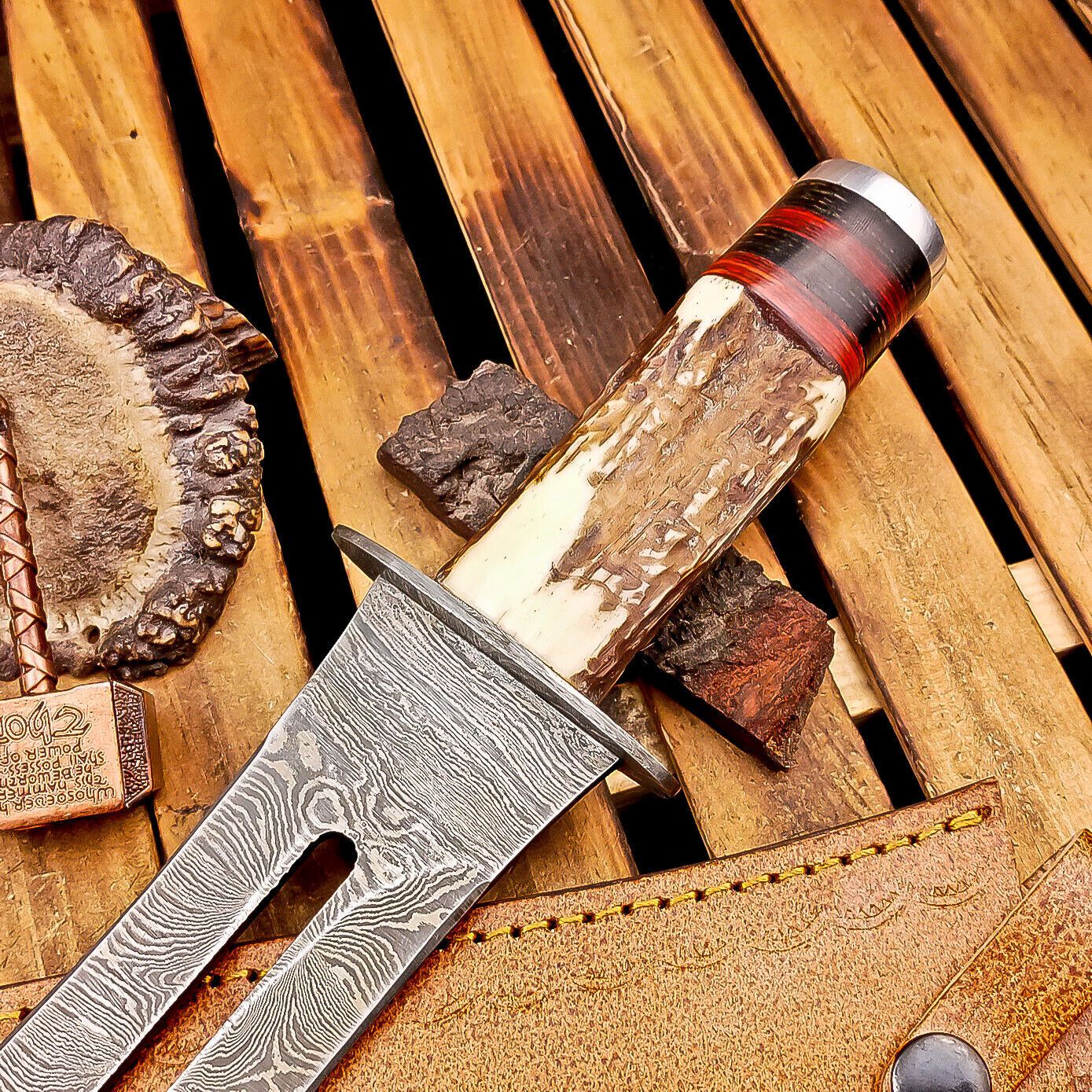 15 Inch Handmade Damascus Dagger Knife with Stag Horn Handle and Leather Sheath