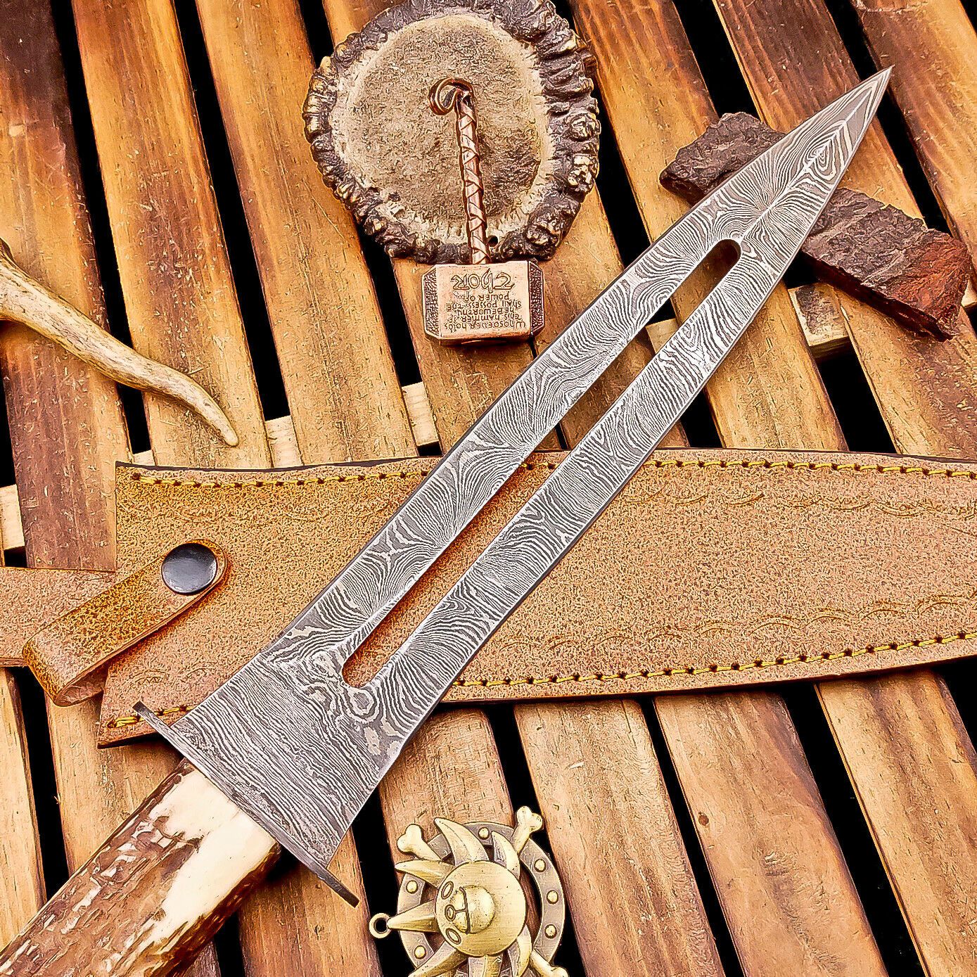 15 Inch Handmade Damascus Dagger Knife with Stag Horn Handle and Leather Sheath