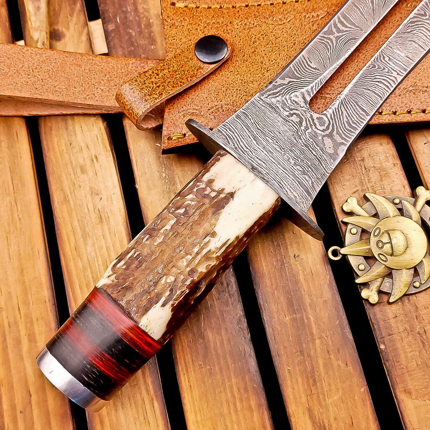 15 Inch Handmade Damascus Dagger Knife with Stag Horn Handle and Leather Sheath