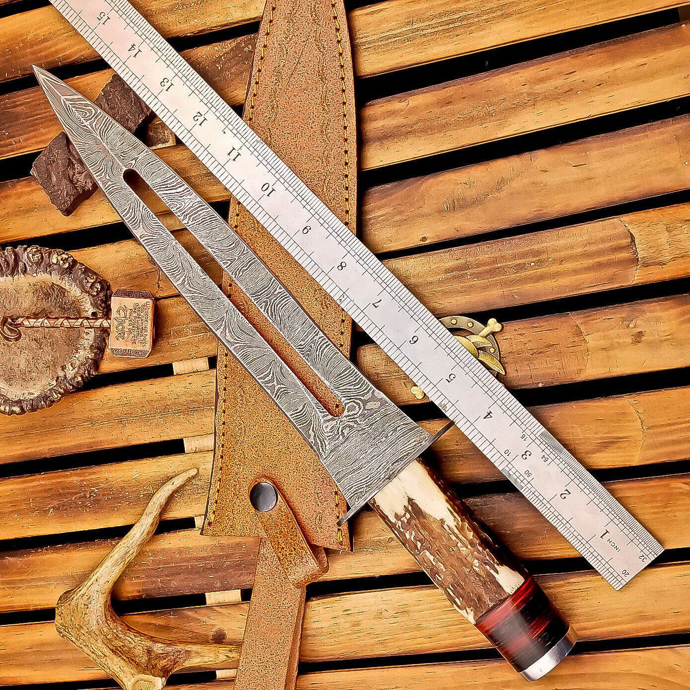 15 Inch Handmade Damascus Dagger Knife with Stag Horn Handle and Leather Sheath