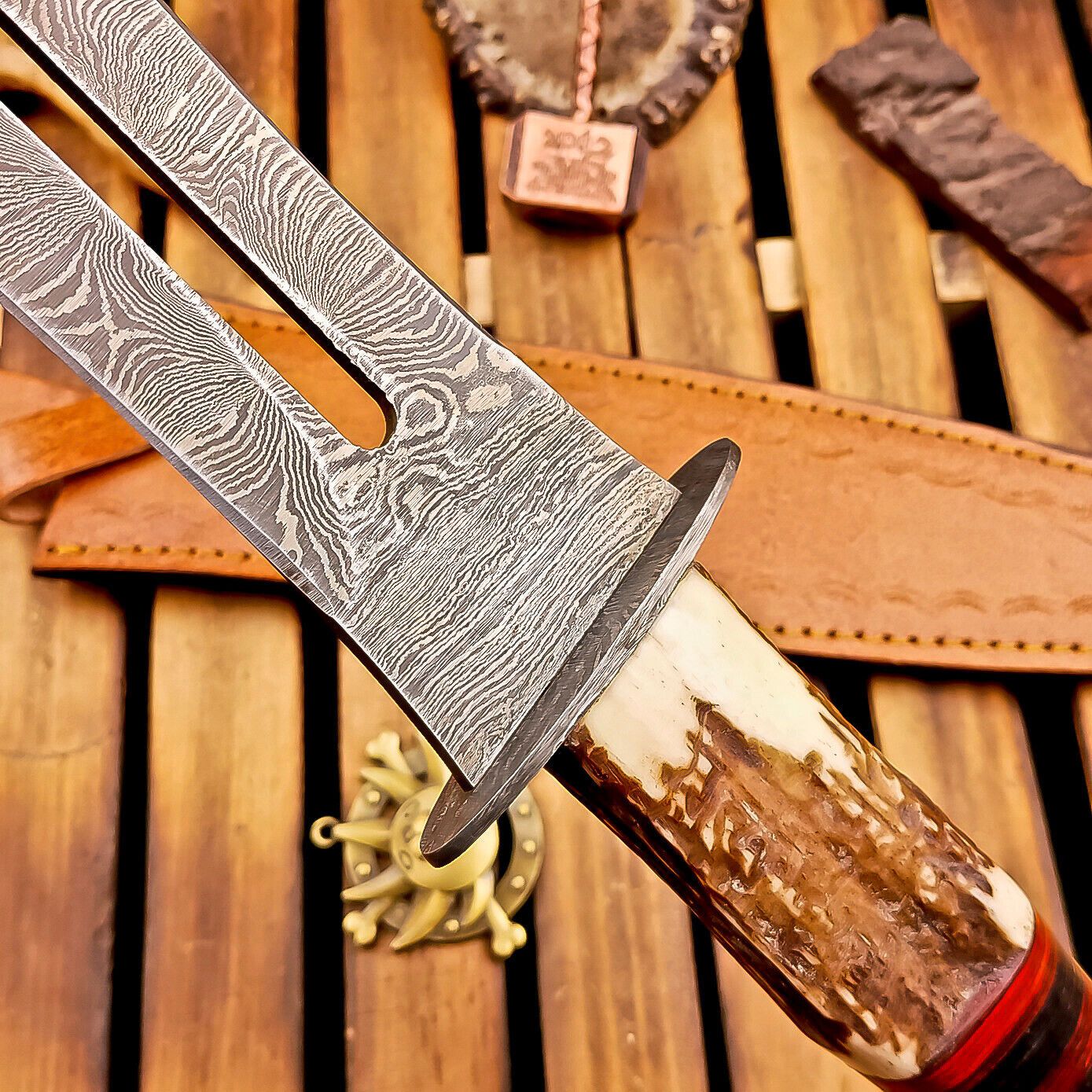 15 Inch Handmade Damascus Dagger Knife with Stag Horn Handle and Leather Sheath