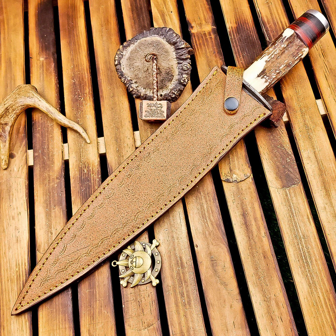 15 Inch Handmade Damascus Dagger Knife with Stag Horn Handle and Leather Sheath