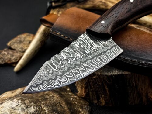 Heritage Forge Full Tang Damascus Skinner Hunting Knife Wenge Wood Handle with Sheath