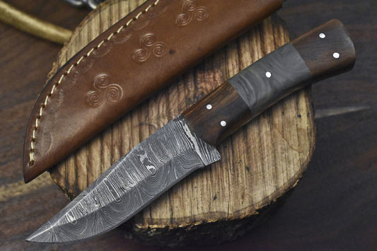 Forged Twist Damascus Skinner Knife Corian Handle with Wooden Bolster EDC