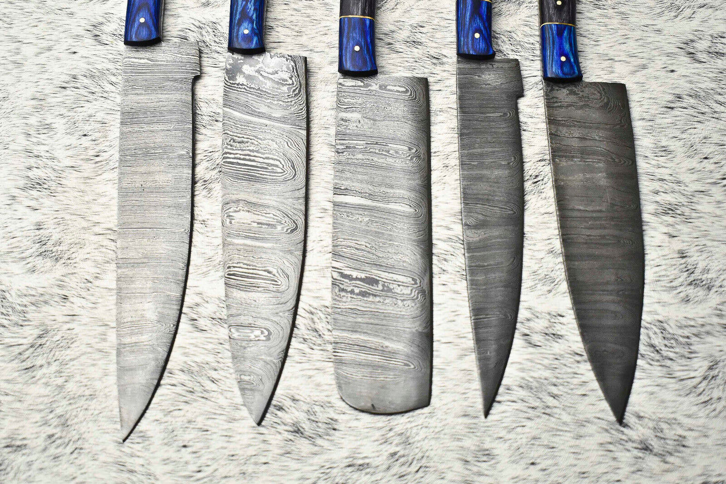 Lot of 5 Handmade Damascus Hammered Full Tang Chef Knives | Hard Wood Handles