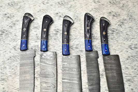 Lot of 5 Handmade Damascus Hammered Full Tang Chef Knives | Hard Wood Handles