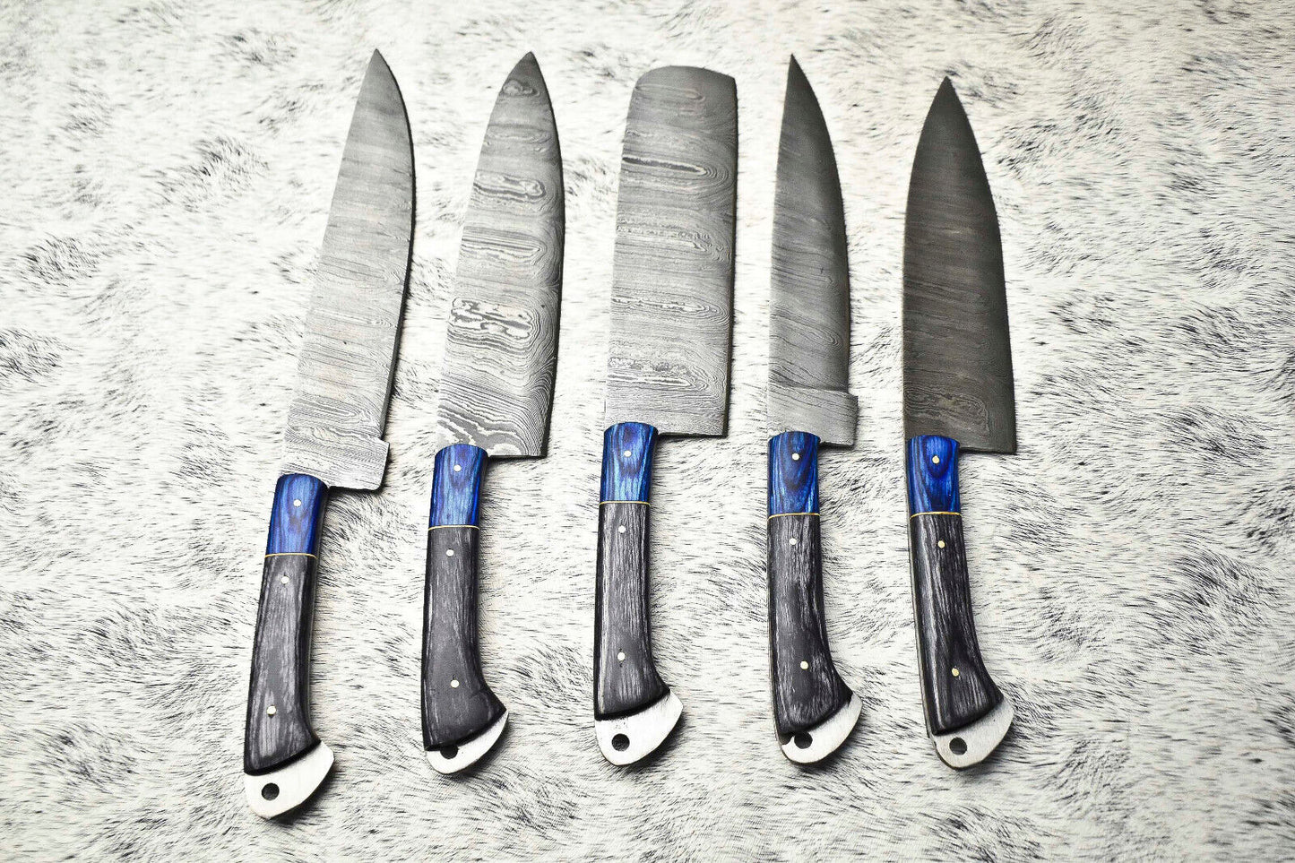 Lot of 5 Handmade Damascus Hammered Full Tang Chef Knives | Hard Wood Handles