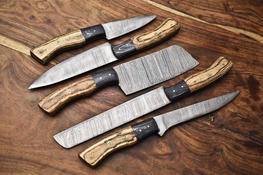 Lot of 4 Handmade Damascus Steel Chef Knives Set with Leather Bag – Full Tang, Razor Sharp