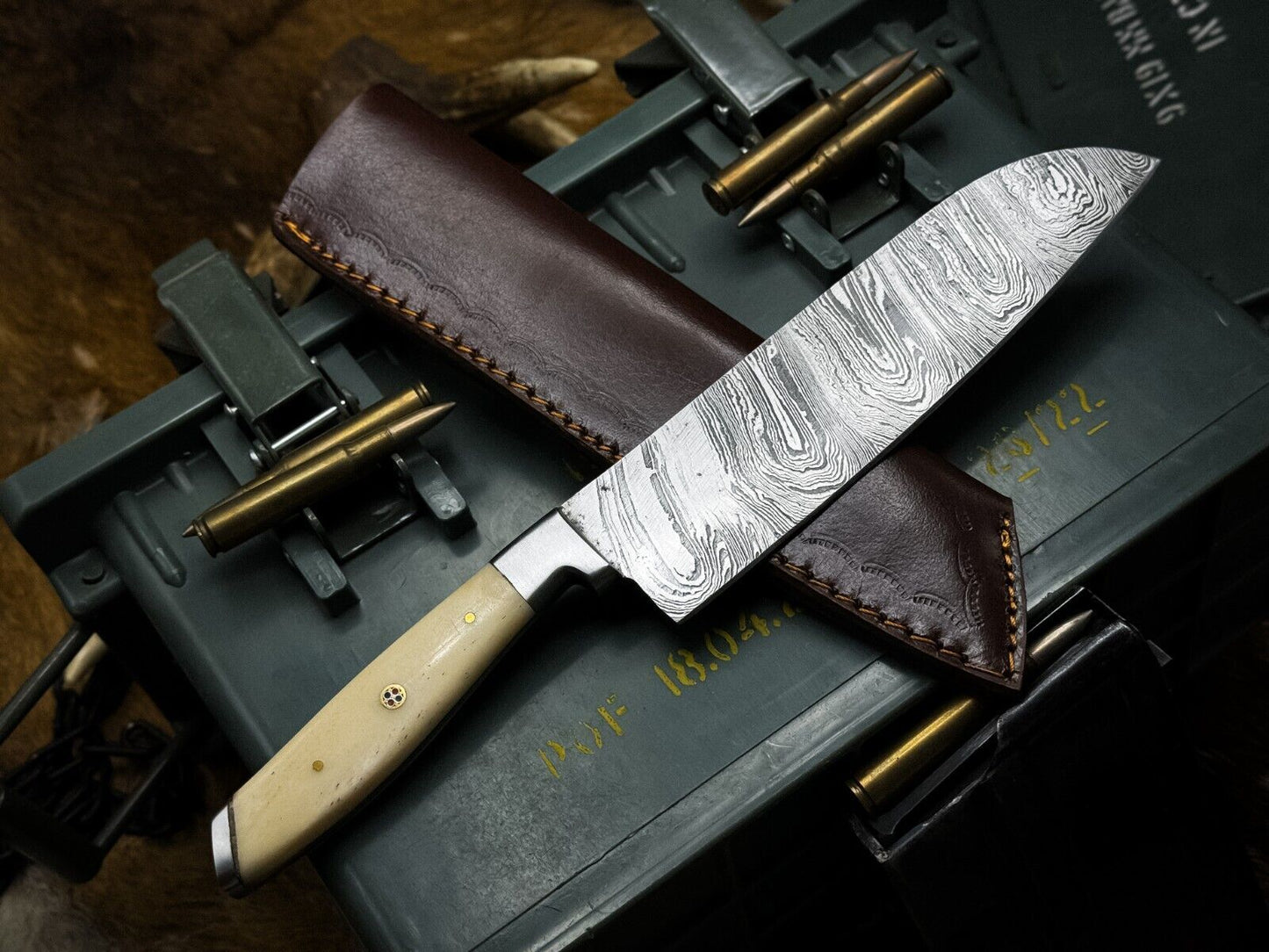 Heritage Forge Handmade Damascus Hunting and Kitchen Chef Knife with Bone Handle and Leather Sheath