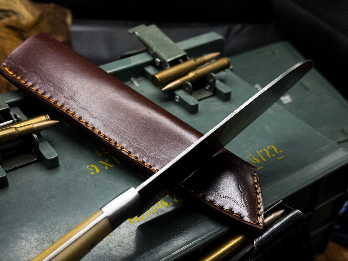 Heritage Forge Handmade Damascus Hunting and Kitchen Chef Knife with Bone Handle and Leather Sheath