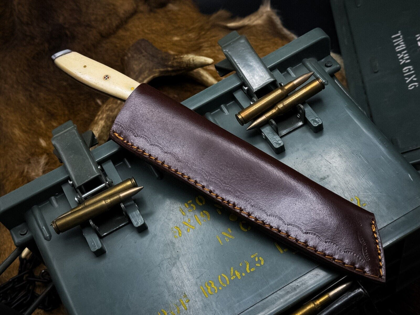 Heritage Forge Handmade Damascus Hunting and Kitchen Chef Knife with Bone Handle and Leather Sheath