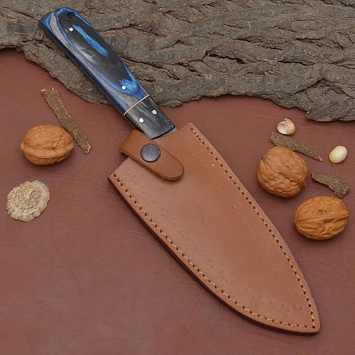 Custom Forged Damascus Steel Fillet Chef Knife Full Tang with Pakka Wood Handle & Leather Sheath
