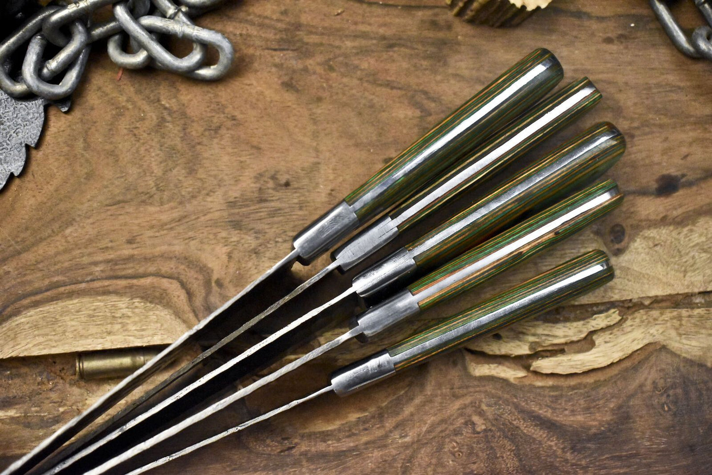 Custom Forged Twist Damascus Chef Knife Set – Lot of 5 Hardwood Handle Hunting & Kitchen Knives