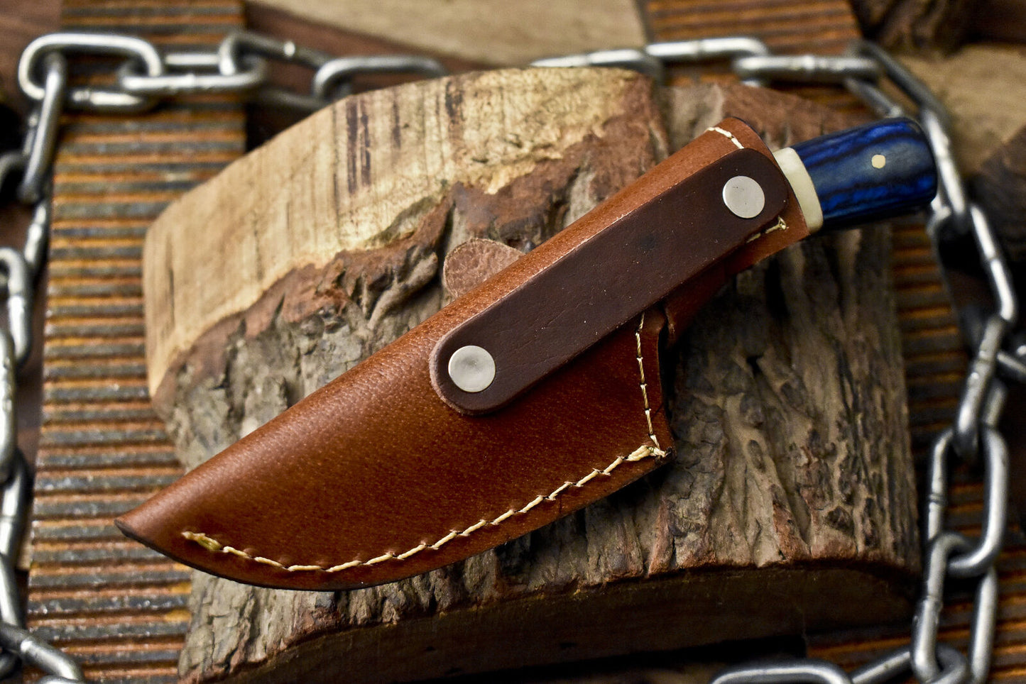 Forged Skinner Knife Ladder Damascus Bone and Wood Wooden Bolster Survival w/ Leather Sheath