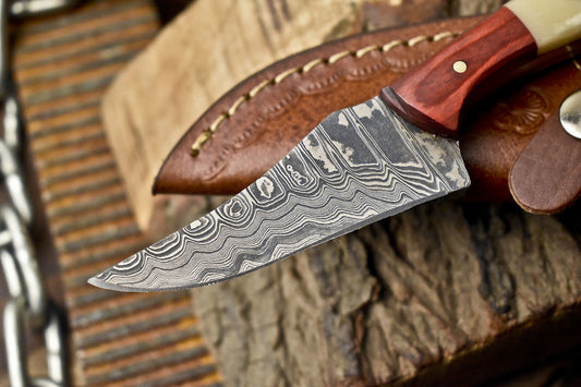 Forged Skinner Knife Ladder Damascus Bone and Wood Wooden Bolster Survival w/ Leather Sheath