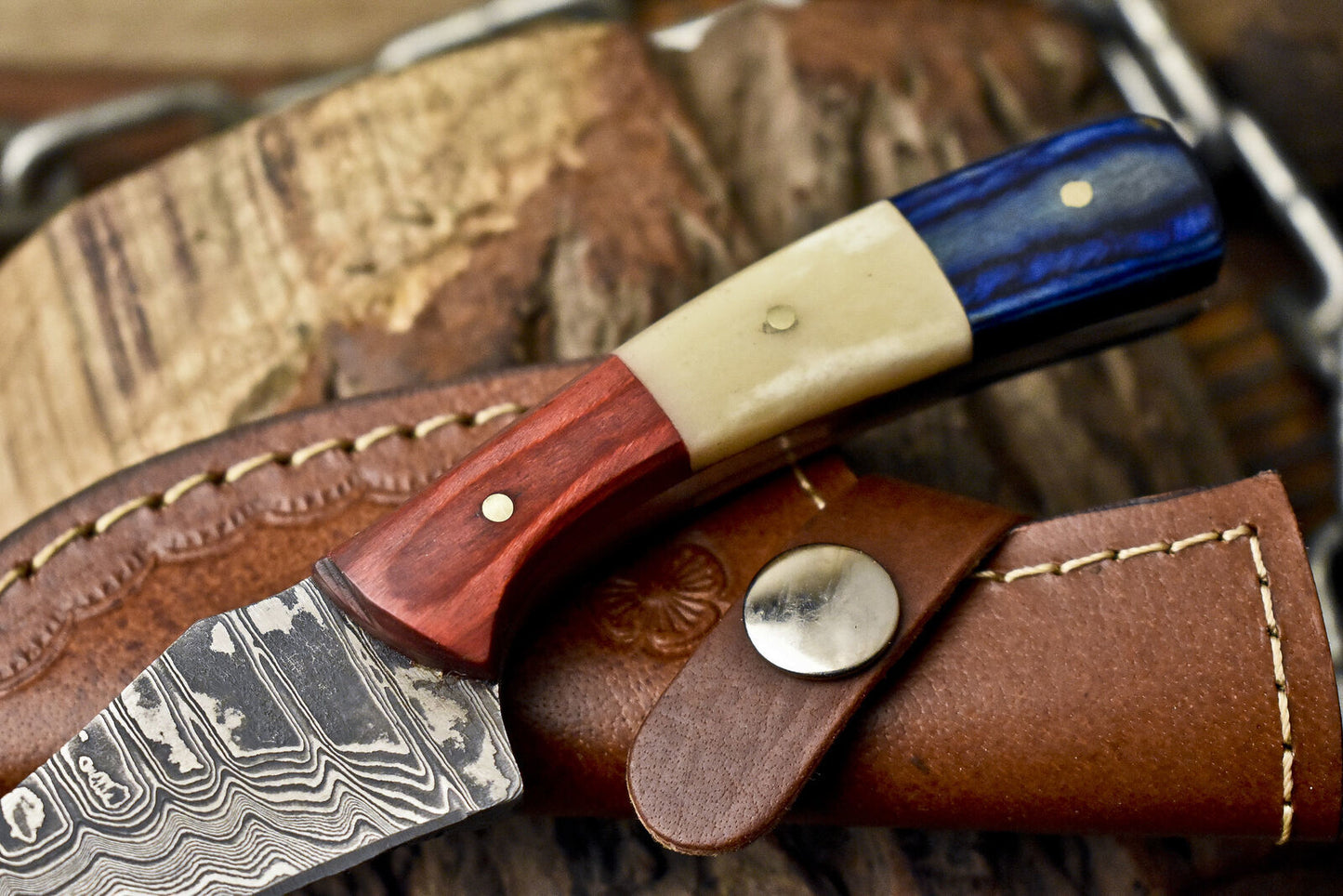 Forged Skinner Knife Ladder Damascus Bone and Wood Wooden Bolster Survival w/ Leather Sheath
