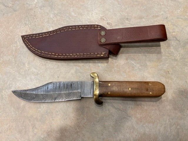 Heritage Forge Large Damascus Steel Bowie Knife Walnut Wood Handle Hunting Blade
