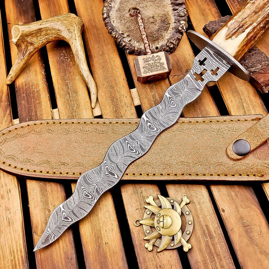 Hand-Forged Damascus Steel Kris Bowie Knife with Stag Horn Handle – 15"