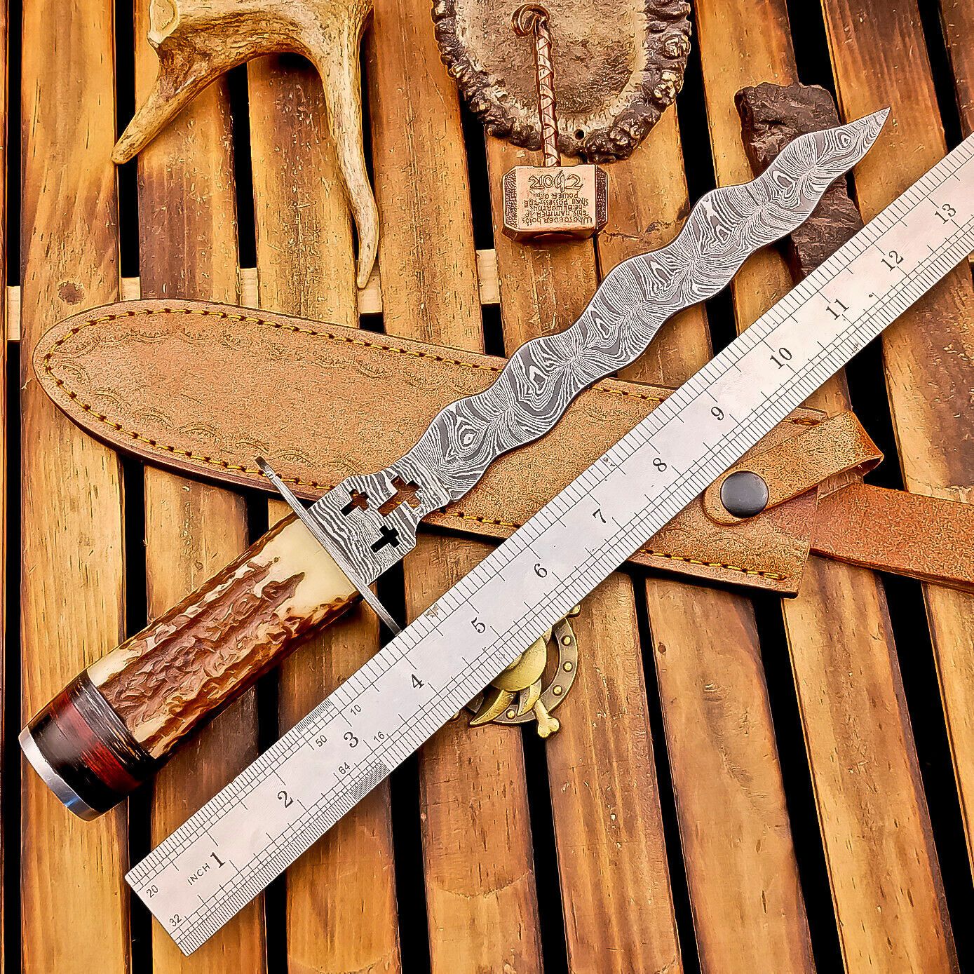 Hand-Forged Damascus Steel Kris Bowie Knife with Stag Horn Handle – 15"