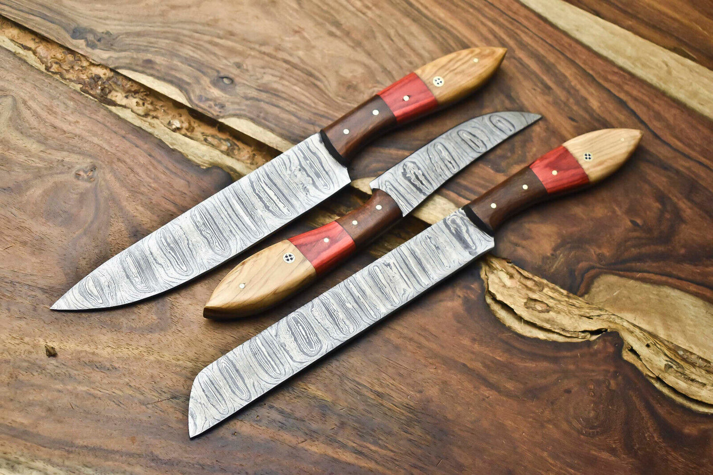 Lot of 3 Handmade Damascus Steel Chef Knife Set – Premium Full Tang Blades