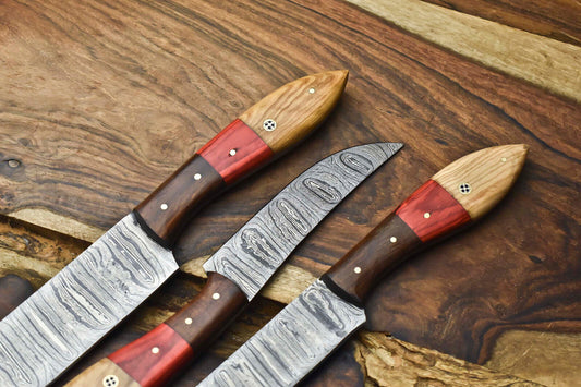 Lot of 3 Handmade Damascus Steel Chef Knife Set – Premium Full Tang Blades