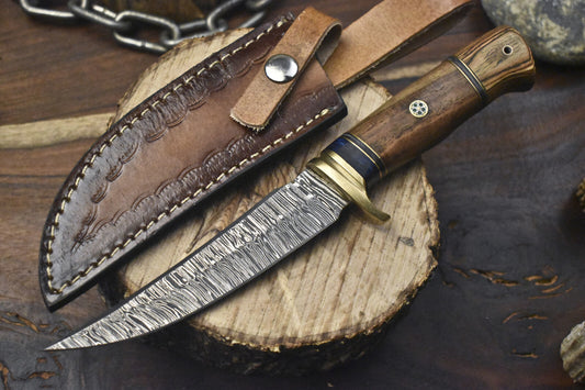 Custom Hand Forged Twist Damascus Skinner Hunting Knife 10 Inch with Walnut Wood Handle W/ Leather Sheath