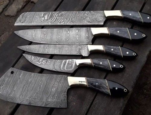 5-Piece Handmade Damascus Steel Chef Knife Set, Kitchen Cutlery, Gift Boxed