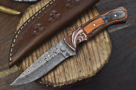 8.0" Rain Drop Damascus Skinner Knife with Hard Wood Handle – Custom Handmade Hiking Knife