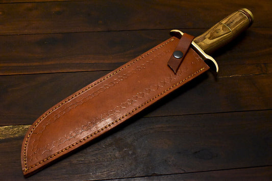 16" Damascus Bowie Knife – Olive Wood Handle with Leather Sheath