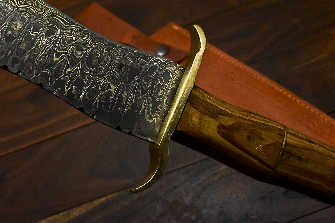 16" Damascus Bowie Knife – Olive Wood Handle with Leather Sheath
